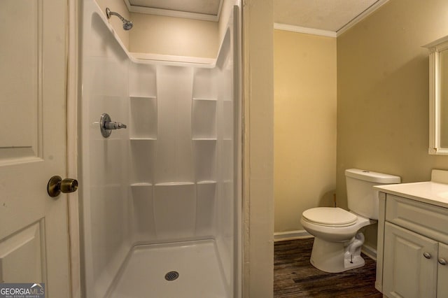 6 Mill St, Jackson, GA 30233 - full bath with vanity, wood finished floors, a shower, ornamental molding, and toilet