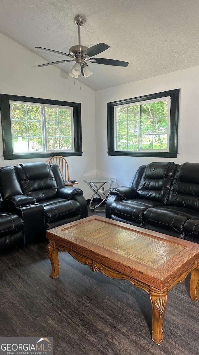 2812 Maple Rd SE, Rome, GA 30161 - living room featuring a textured ceiling, healthy amount of natural light, a ceiling fan, wood finished floors, and vaulted ceiling