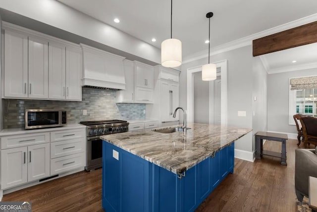 146 David Dr, Tiger, GA 30576 - kitchen with appliances with stainless steel finishes, custom range hood, dark wood finished floors, white cabinets, and backsplash