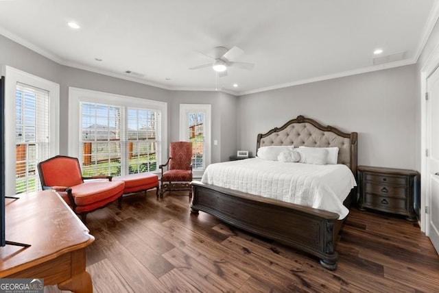 146 David Dr, Tiger, GA 30576 - bedroom featuring wood finished floors, crown molding, recessed lighting, ceiling fan, and access to exterior