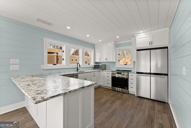 146 David Dr, Tiger, GA 30576 - kitchen with stainless steel appliances, a peninsula, white cabinets, dark wood-style flooring, and light stone countertops