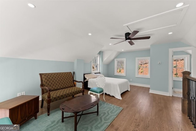 146 David Dr, Tiger, GA 30576 - bedroom with lofted ceiling, multiple windows, wood finished floors, a ceiling fan, and recessed lighting