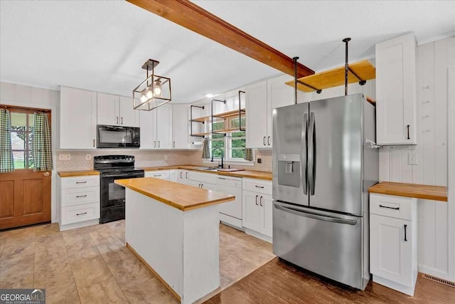 612 Oakcrest Dr, Rockmart, GA 30153 - kitchen featuring black appliances, wood counters, backsplash, and white cabinets