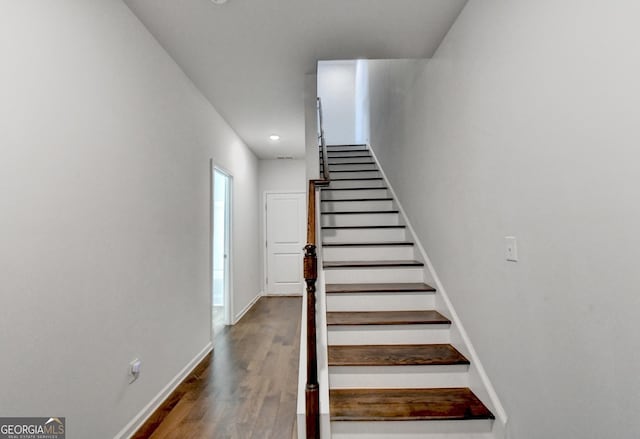 3360 Pickens St, Duluth, GA 30096 - stairway with baseboards, wood finished floors, and recessed lighting