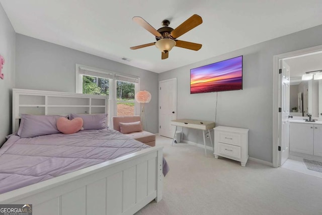 809 Hillcrest Ln, Woodstock, GA 30189 - bedroom featuring light colored carpet, a ceiling fan, and ensuite bath