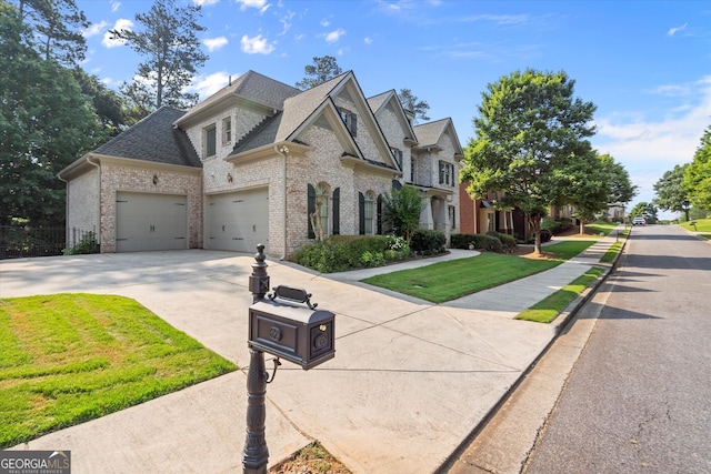 10565 Highgate Manor Ct, Duluth, GA 30097 - french country home with brick siding, concrete driveway, a front yard, and a shingled roof