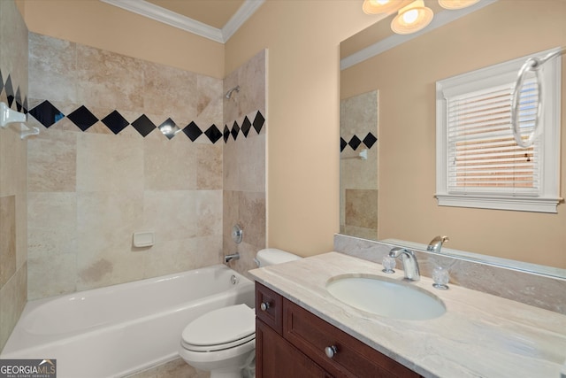 10565 Highgate Manor Ct, Duluth, GA 30097 - bathroom featuring crown molding, vanity, toilet, and shower / bathtub combination