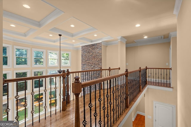 10565 Highgate Manor Ct, Duluth, GA 30097 - corridor with attic access, crown molding, wood finished floors, recessed lighting, and beam ceiling