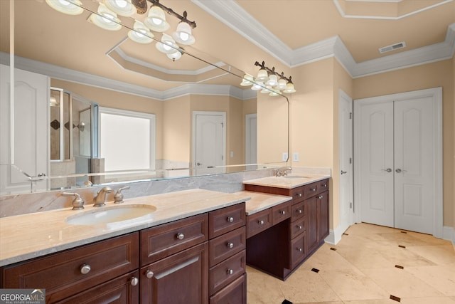 10565 Highgate Manor Ct, Duluth, GA 30097 - bathroom featuring double vanity, a shower stall, and ornamental molding