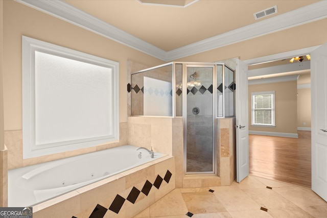 10565 Highgate Manor Ct, Duluth, GA 30097 - full bath with crown molding, a tub with jets, a stall shower, and tile patterned floors