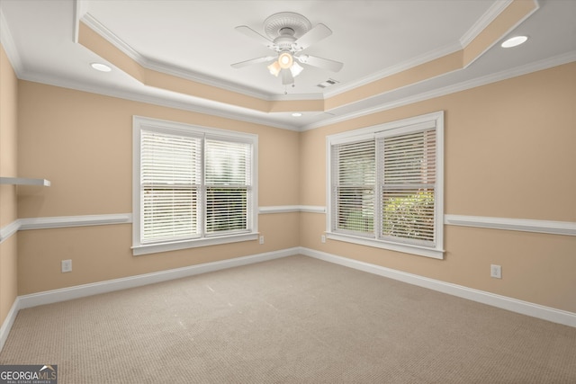 10565 Highgate Manor Ct, Duluth, GA 30097 - carpeted empty room featuring a raised ceiling, ornamental molding, ceiling fan, baseboards, and recessed lighting