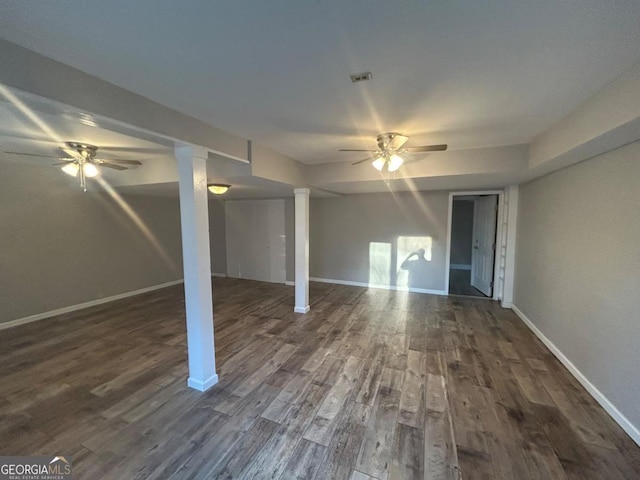 3808 Holy Cross Ct, Decatur, GA 30034 - finished basement featuring a ceiling fan, dark wood-style flooring, and baseboards