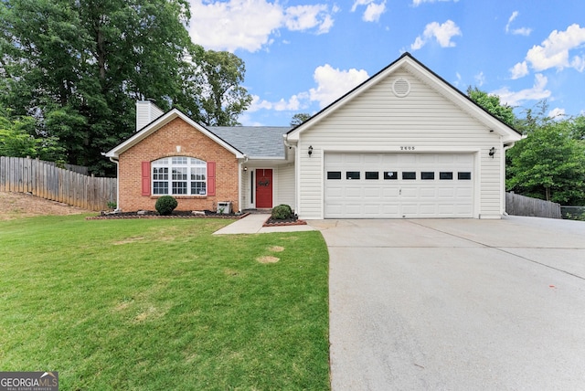 2605 Fort Apachee Trl, Dacula, GA 30019 - ranch-style home with a garage, concrete driveway, brick siding, a chimney, and a shingled roof