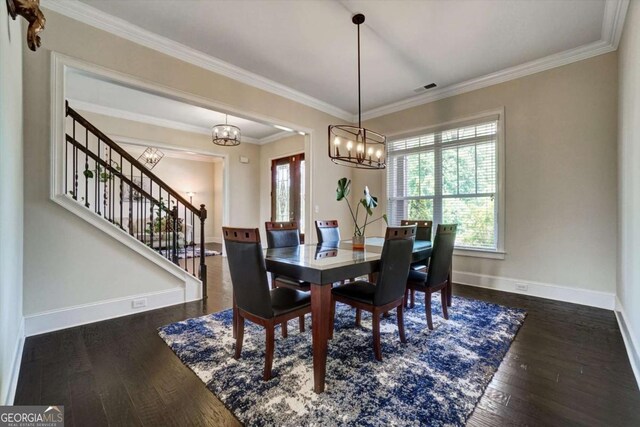 1835 Henley Way, Alpharetta, GA 30009 - dining space featuring wood-type flooring, a chandelier, baseboards, stairs, and ornamental molding