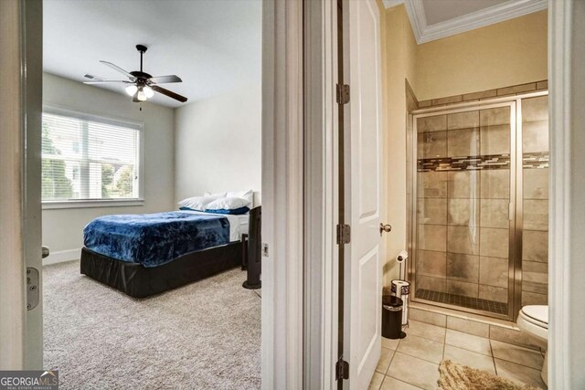1835 Henley Way, Alpharetta, GA 30009 - carpeted bedroom featuring crown molding, baseboards, tile patterned floors, and ceiling fan