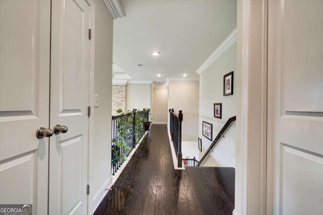 1835 Henley Way, Alpharetta, GA 30009 - corridor featuring an upstairs landing, crown molding, wood finished floors, and recessed lighting