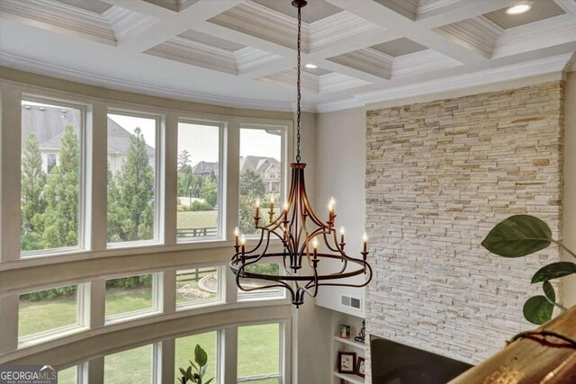 1835 Henley Way, Alpharetta, GA 30009 - detailed view of coffered ceiling, a chandelier, crown molding, and beam ceiling