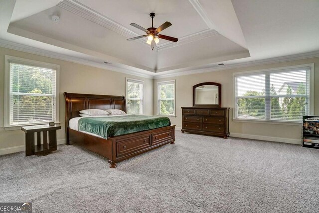 1835 Henley Way, Alpharetta, GA 30009 - bedroom featuring a raised ceiling, ornamental molding, multiple windows, and light carpet