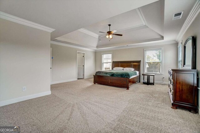 1835 Henley Way, Alpharetta, GA 30009 - carpeted bedroom with a raised ceiling, multiple windows, baseboards, ornamental molding, and ceiling fan