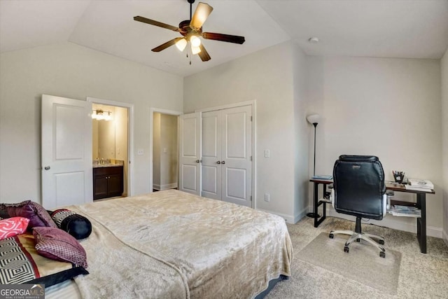 1835 Henley Way, Alpharetta, GA 30009 - bedroom featuring vaulted ceiling, baseboards, light carpet, a ceiling fan, and a desk