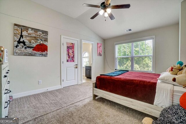 1835 Henley Way, Alpharetta, GA 30009 - bedroom with lofted ceiling, baseboards, carpet flooring, ensuite bath, and ceiling fan