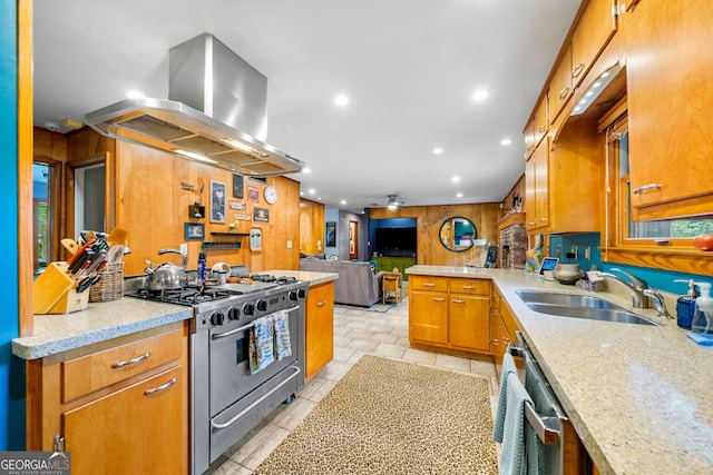 1138 Berkeley Rd, Avondale Estates, GA 30002 - kitchen with stainless steel appliances, a sink, island exhaust hood, light stone countertops, and open floor plan
