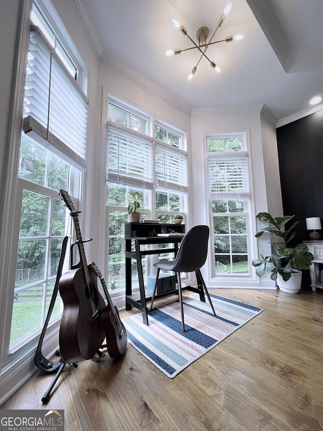 128 Golden Hills Dr, Woodstock, GA 30189 - office featuring a chandelier, plenty of natural light, wood finished floors, and ornamental molding