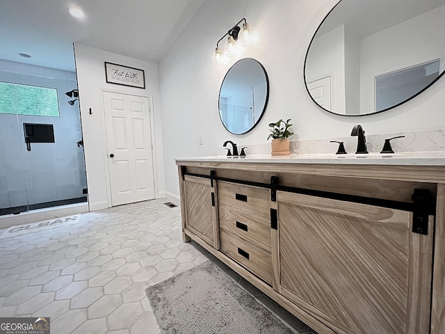 128 Golden Hills Dr, Woodstock, GA 30189 - bathroom with double vanity, a stall shower, and tile patterned floors