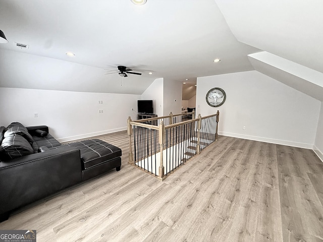 128 Golden Hills Dr, Woodstock, GA 30189 - bonus room with a ceiling fan, lofted ceiling, wood finished floors, baseboards, and recessed lighting