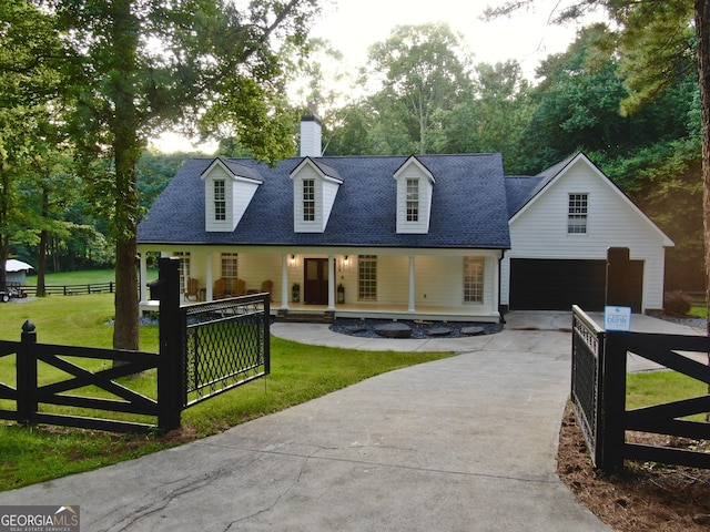 128 Golden Hills Dr, Woodstock, GA 30189 - cape cod house with covered porch, driveway, a garage, a chimney, and a shingled roof