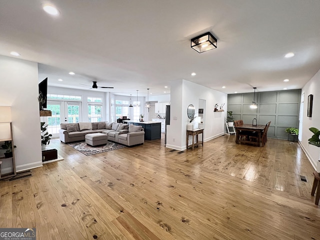 128 Golden Hills Dr, Woodstock, GA 30189 - living room with hardwood / wood-style floors, baseboards, recessed lighting, and ceiling fan