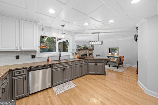 545 Matterhorn Way, Alpharetta, GA 30022 - kitchen with dishwasher, a sink, gray cabinets, open floor plan, and light wood finished floors