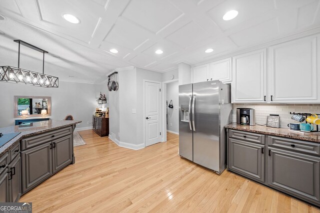 545 Matterhorn Way, Alpharetta, GA 30022 - kitchen featuring stainless steel fridge, white cabinets, light wood-style floors, gray cabinets, and recessed lighting