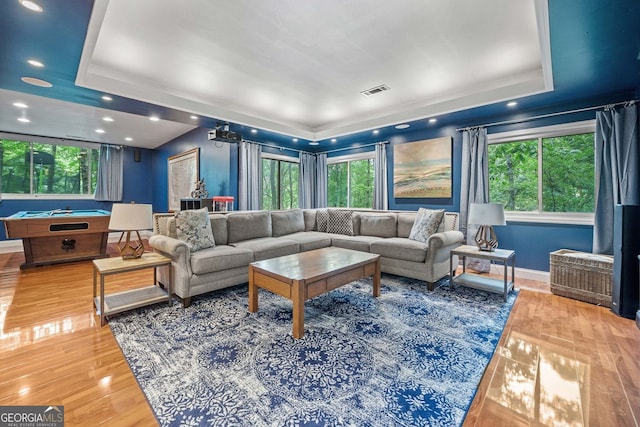 545 Matterhorn Way, Alpharetta, GA 30022 - living area with a raised ceiling, wood finished floors, baseboards, billiards table, and recessed lighting