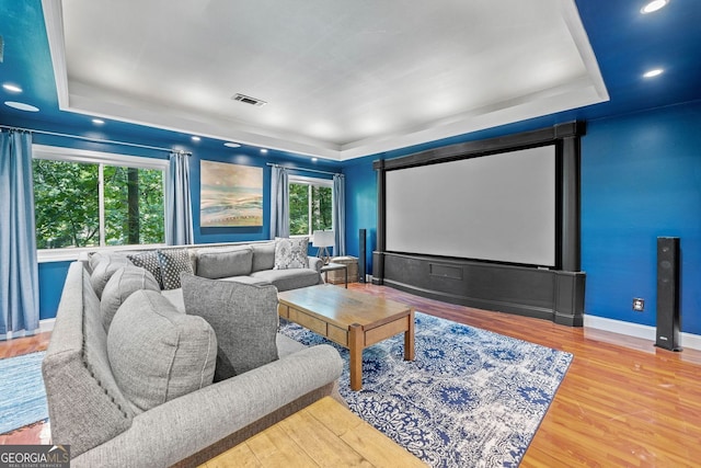 545 Matterhorn Way, Alpharetta, GA 30022 - home theater featuring a tray ceiling, wood finished floors, baseboards, and recessed lighting
