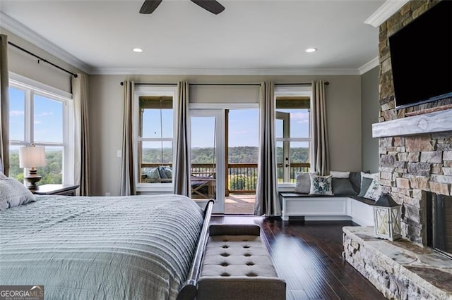1204 Springdale Rd, Rockmart, GA 30153 - bedroom featuring a fireplace, wood-type flooring, access to outside, crown molding, and recessed lighting