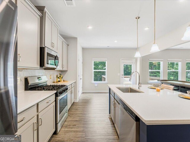 340 Louise Ln, Canton, GA 30114 - kitchen featuring stainless steel appliances, wood finished floors, a sink, tasteful backsplash, and light countertops