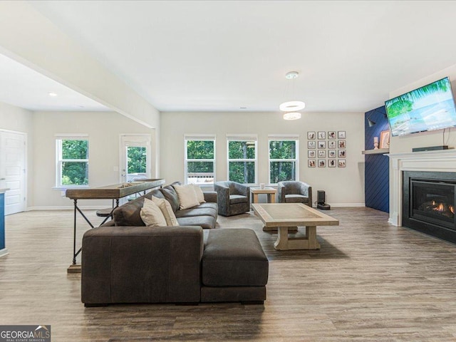 340 Louise Ln, Canton, GA 30114 - living room featuring wood finished floors, a glass covered fireplace, baseboards, and recessed lighting