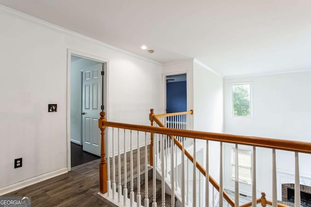 4045 Hillcrest View Ct, Suwanee, GA 30024 - hallway featuring an upstairs landing, ornamental molding, wood finished floors, baseboards, and recessed lighting
