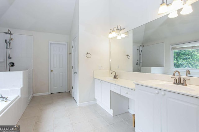 4045 Hillcrest View Ct, Suwanee, GA 30024 - bathroom with double vanity, a tub to relax in, tiled shower, baseboards, and lofted ceiling