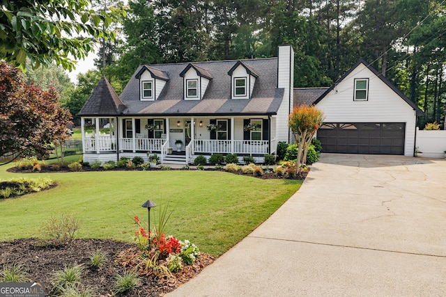 870 Rutherford Dr, Dacula, GA 30019 - new england style home with covered porch, a garage, driveway, a chimney, and a front lawn