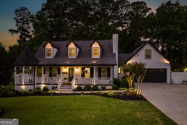 870 Rutherford Dr, Dacula, GA 30019 - new england style home with covered porch, a chimney, driveway, and a lawn