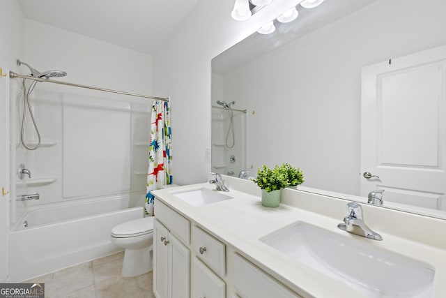 1998 Lakeview Bend Way, Buford, GA 30519 - full bath with shower / bathtub combination with curtain, toilet, double vanity, and tile patterned flooring