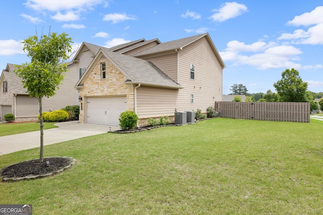 1998 Lakeview Bend Way, Buford, GA 30519 - view of side of property featuring central AC unit, concrete driveway, an attached garage, stone siding, and a shingled roof