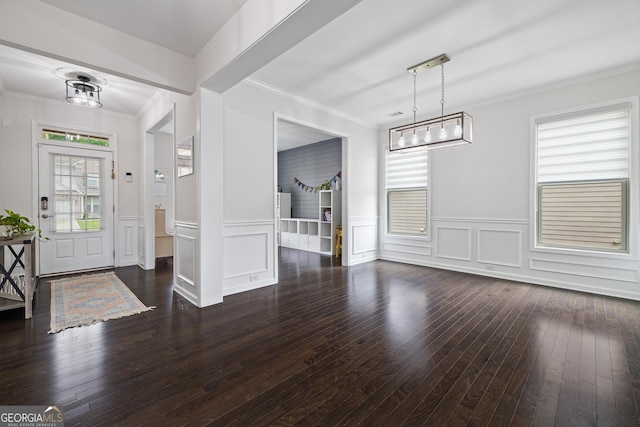 1998 Lakeview Bend Way, Buford, GA 30519 - foyer featuring dark wood-type flooring, wainscoting, ornamental molding, a decorative wall, and stairway