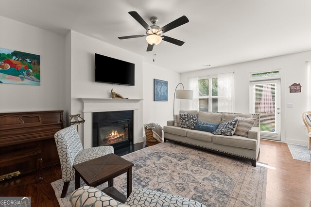 61 N Auburn Landing Pl, Auburn, GA 30011 - living room featuring wood finished floors, ceiling fan, and a glass covered fireplace