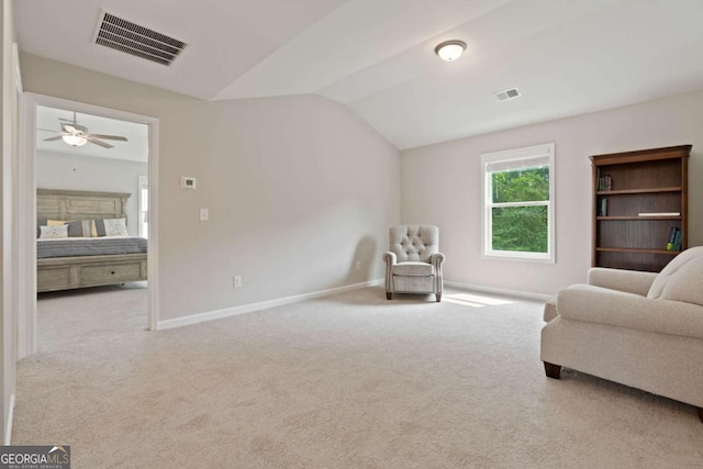 125 Kingston Cir, Carrollton, GA 30117 - living area featuring vaulted ceiling, carpet floors, baseboards, and a ceiling fan
