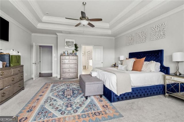 10 Nesbit Reserve Ct, Atlanta, GA 30350 - bedroom with carpet, crown molding, a raised ceiling, ensuite bath, and a ceiling fan