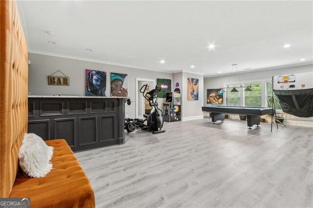 10 Nesbit Reserve Ct, Atlanta, GA 30350 - game room with billiards, ornamental molding, light wood-style flooring, and recessed lighting