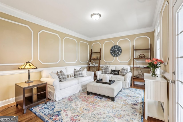 3480 Indian Shoals Rd, Dacula, GA 30019 - living room featuring wood finished floors, ornamental molding, and baseboards